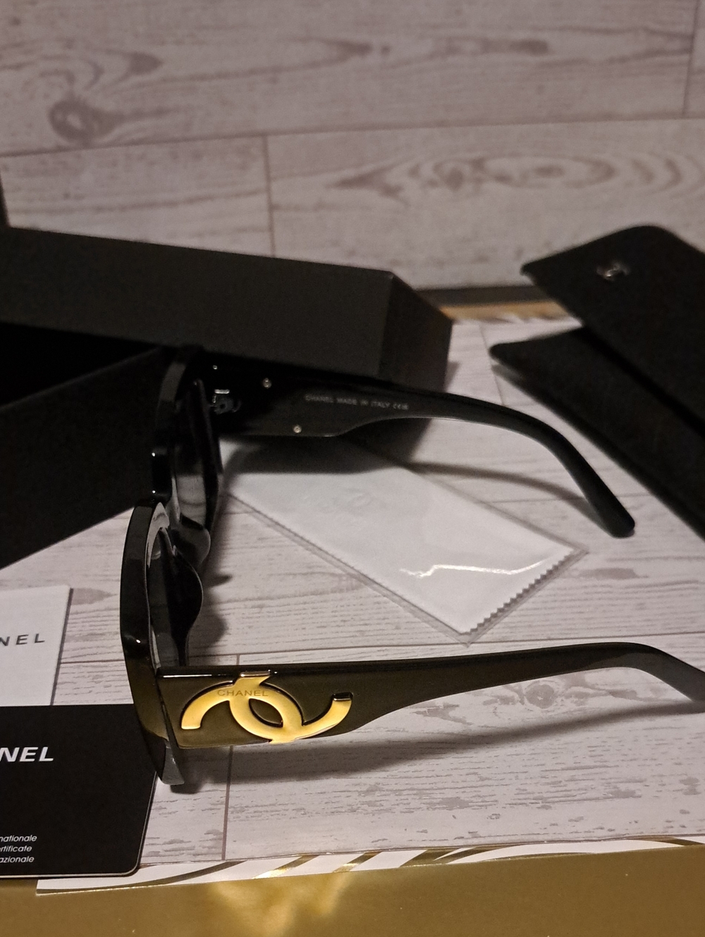Black Large Square Frame With Gold Logo On Temple